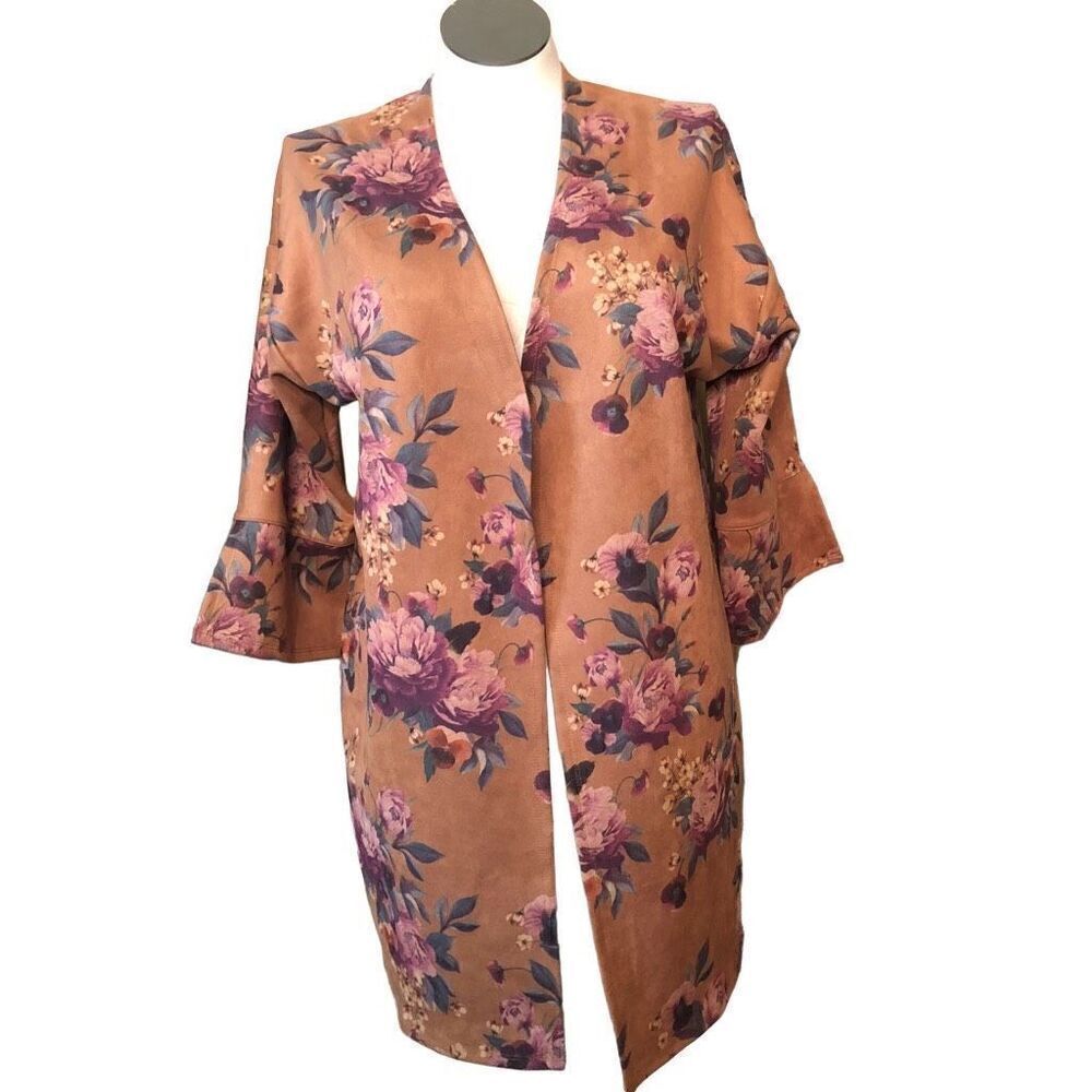 Ronnie Salloway Womens Topper Jacket L Faux Suede Brown Floral Boho Mossy Wester